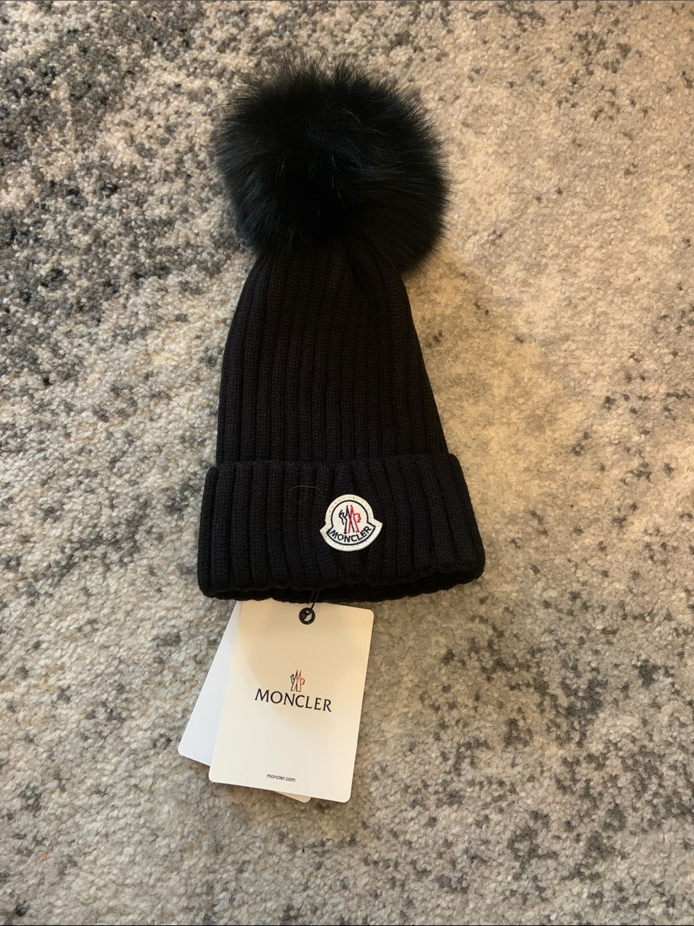 Moncler Black Cashmere Faux Fur Pom Pom Beanie Hat - One Size NWT